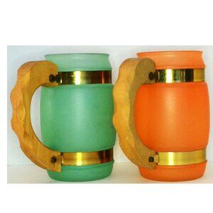 Set Of 2 Siesta Ware Frosted Barrel Mugs Wood Handle Vintage Drinkware MCM